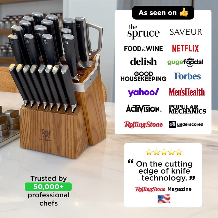 Dalstrong Vanquish Series - 24pc Stainless Steel Knife Set with Block & Kitchen Scissors - Forged High Carbon German Stee l- Knife Set w/POM Black Handle - NSF Certified