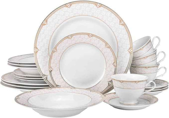 Euro Porcelain 20-pc Luxury Dinnerware Set w/ 24K Gold Ornament, HQ Dining Tableware Service for 4 (Sandra)