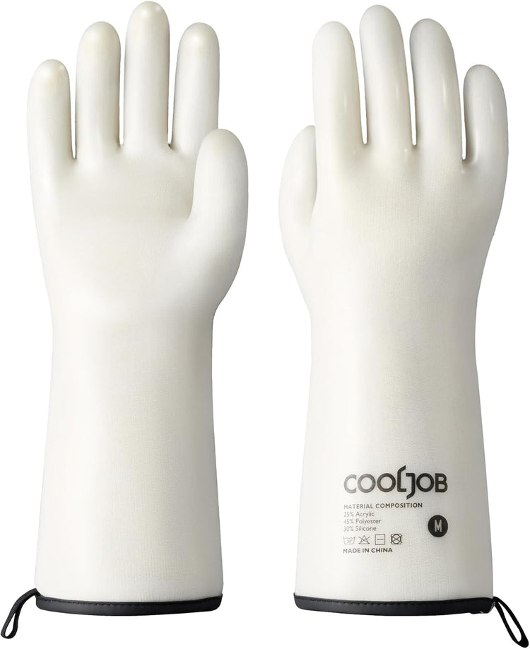 COOLJOB Heat Resistant Oven Gloves, Waterproof Liquid Silicone BBQ Grilling Gloves for Barbecue, Kitchen Cleaning, Baking, Food Contact, White, Medium