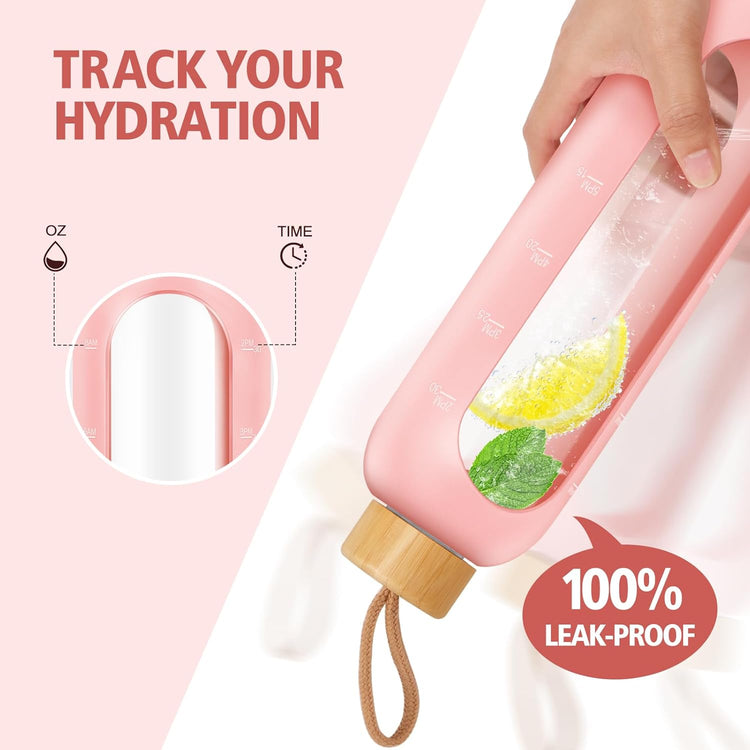 Glass Water Bottles 32 oz - Motivational Drinking Glass Water Bottle with Silicone Sleeve, Straw & 2 Bamboo Lids - 1 Liter Clear Borosilicate Daily Intake Tumbler with Time Marker - Pink