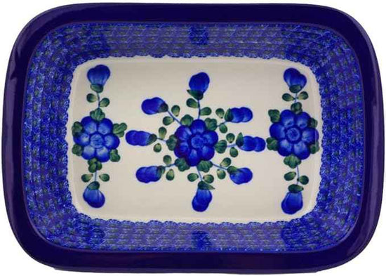 Polmedia Polish Pottery Rectangular Baker - Blue Poppies Pattern Handmade in Boleslawiec Poland by Ceramika Artystyczna + Certificate of Authenticity