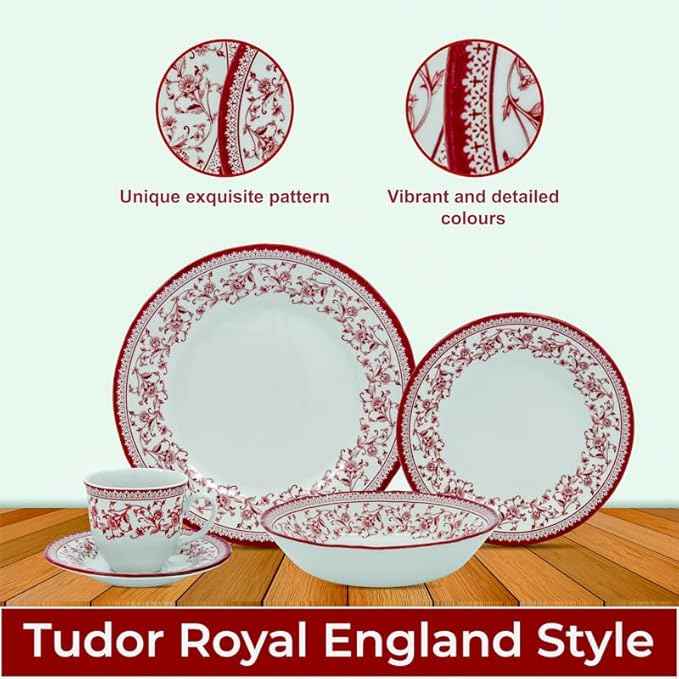 Tudor Royal Collection 30 Piece Round Dinnerware Set, Service for 6, Aster Pink Design, Red Floral, Plates Bowls Saucers Mugs Dishes, High Gloss Premium Quality