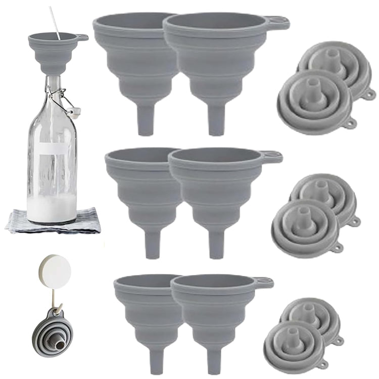 Kitchen Funnel Set, 2025 Upgrade Silicone Collapsible Funnel Silicone Collapsible Food Funnels for Kitchen 3 Sizes Funnels for Home Use Filling Bottles Daily Cooking (Grey, 2Set 11+14+20g)