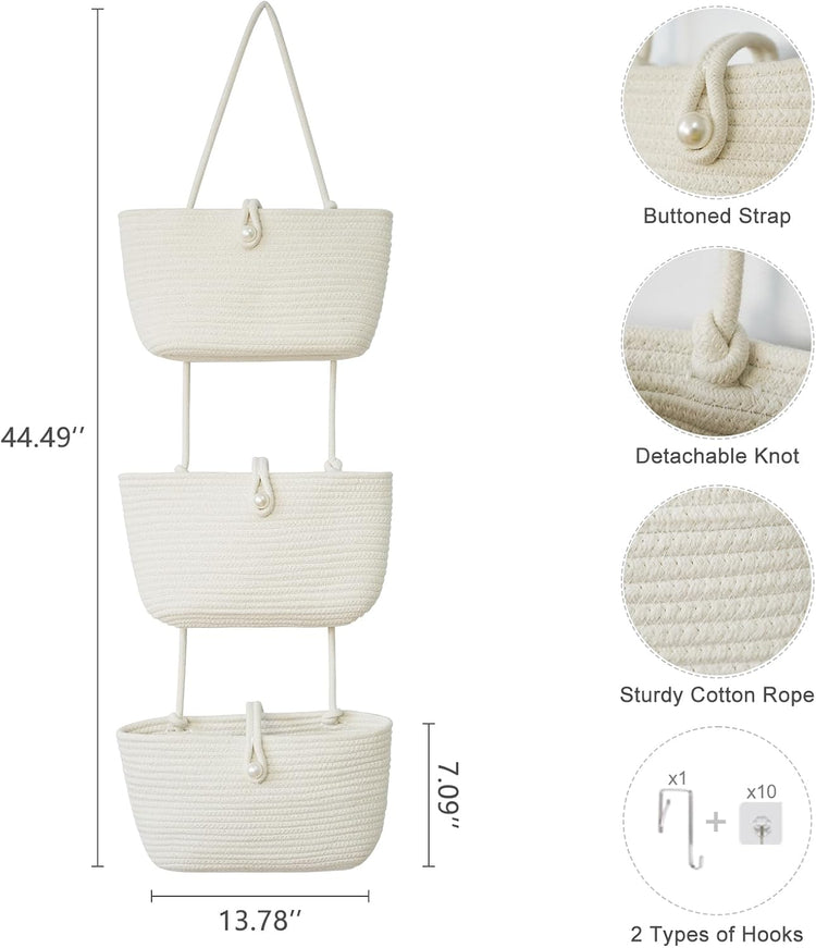 TeoKJ 3-Tier Hanging Baskets for Storage with Pearl Button Strap, Over The Door Storage Baskets for Bathroom, Bedroom, Closet, Door Storage Organizer for Decoration, White