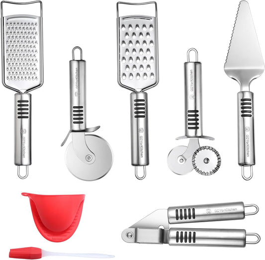Pizza Cutter Set Stainless Steel Kitchen Gadget Set (6 PCS Set) - Includes Pizza Cutter Wheel, Chocolate & Cheese Grater, Serrated Pie & Cake Server, Garlic Press, Free Brush and Bonus Oven Mitt
