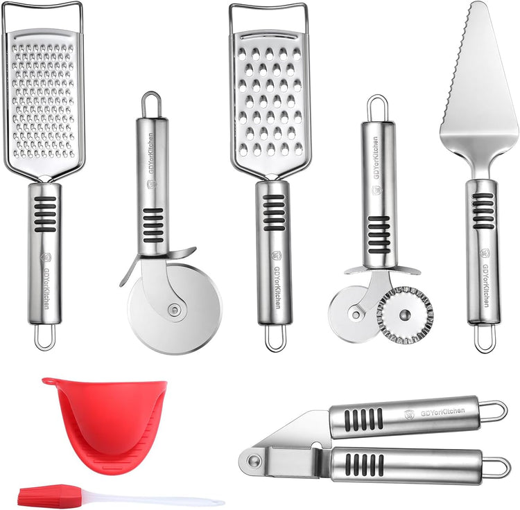 Pizza Cutter Set Stainless Steel Kitchen Gadget Set (6 PCS Set) - Includes Pizza Cutter Wheel, Chocolate & Cheese Grater, Serrated Pie & Cake Server, Garlic Press, Free Brush and Bonus Oven Mitt