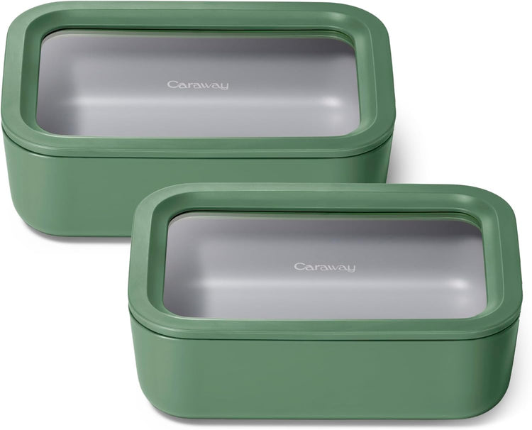 Caraway 2pc Glass Food Storage Set - 6.6 Cup Food Containers (2) - Ceramic Coated - Non Toxic, Non Stick Lunch Box with Lids. Dishwasher, Oven, & Microwave Safe - Sage