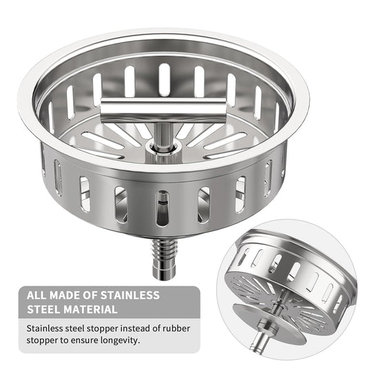 3-1/2 Inch Kitchen Sink Drain Strainer Assembly Made by All Stainless Steel with Strainer Basket/Drain Stopper, Replacement for Standard Commercial Drains