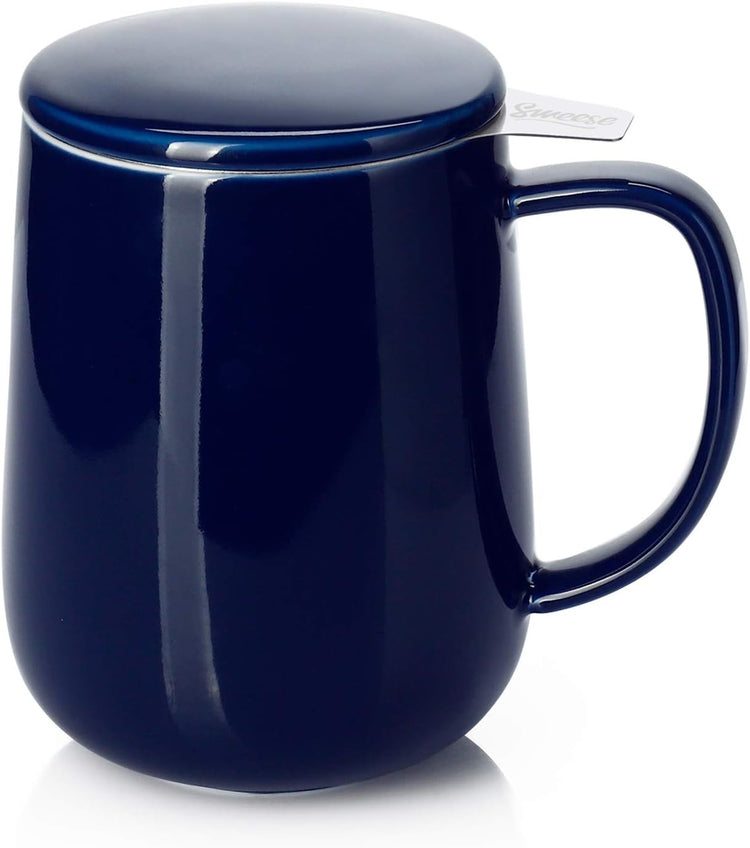 Sweese 20oz Porcelain Teacup with Infuser and Lid, Large Tea Mug for Loose Tea - Microwave and Dishwasher Safe, Insulated, Modern Design for Tea Lovers