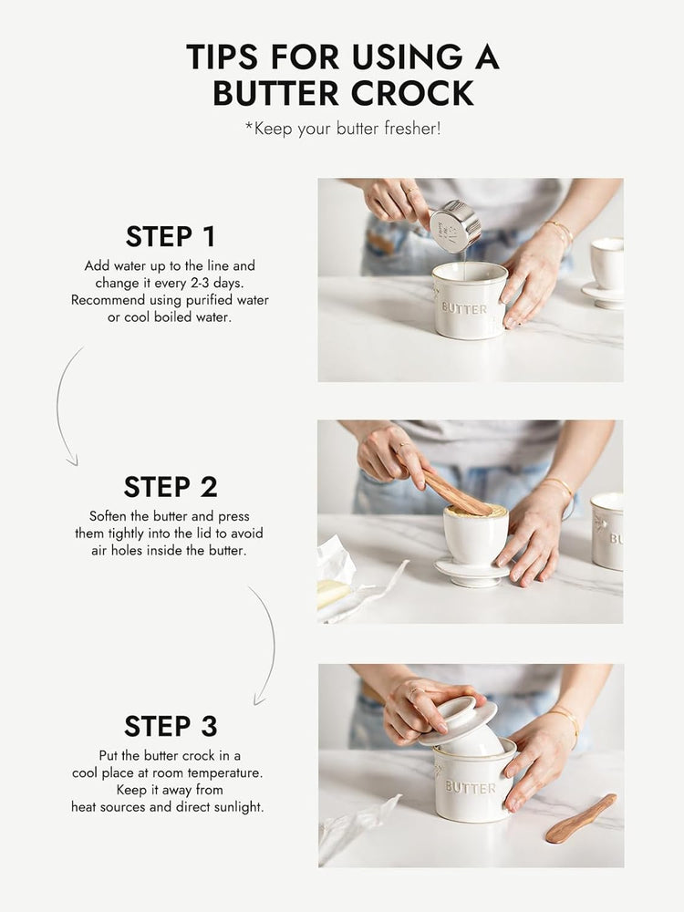 LE TAUCI Butter Crock, Butter Dish with Lid, Butter Container for Counter with Water Line, Embossed French Butter Keeper for Spreadable Butter, Suit For Housewarming - Set of 1, Arctic White, Bee
