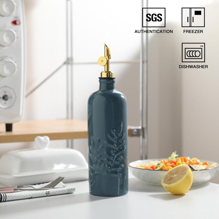Sweejar 18 Oz Oil Dispenser for Kitchen with Gravity Spout, Ceramic Olive Oil Dispenser Bottle, Relief Opaque Vinegar Container for Evoo, Vinegar, Soy Sauce, Pack of 1(Fogbule, Gold Spout)