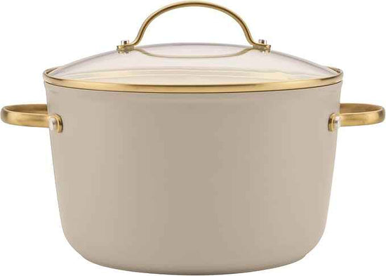 Farberware Forged Induction Ceramic Nonstick Pots and Pans Set with Cooking Tools, Dishwasher Safe, Gold Color Stainless Steel Handles, 12 Piece Cookware Set - Taupe
