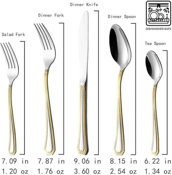 HOMEHUT 80 Pieces Vintage Gold Dinnerware and 18/10 Premium Stainless Steel Silverware Flatware Set - Greek Key Gold HQ Fine China Tableware Service for 8 People
