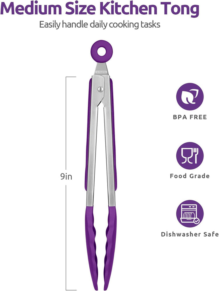 600ºF Heat Resistant Kitchen Tongs: U-Taste 9 inch Silicone Cooking Tong with Firm Sealed Non Stick Rubber Tips & Silicon Coated 18/8 Stainless Steel Handle & Smooth Locking for Serving Grill (Purple)