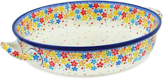Polmedia Polish Pottery Round Baker with Handles 10-inch UNIKAT - Flower Meadow In The Garden Pattern Handmade in Boleslawiec Poland by Ceramika Artystyczna + Certificate of Authenticity