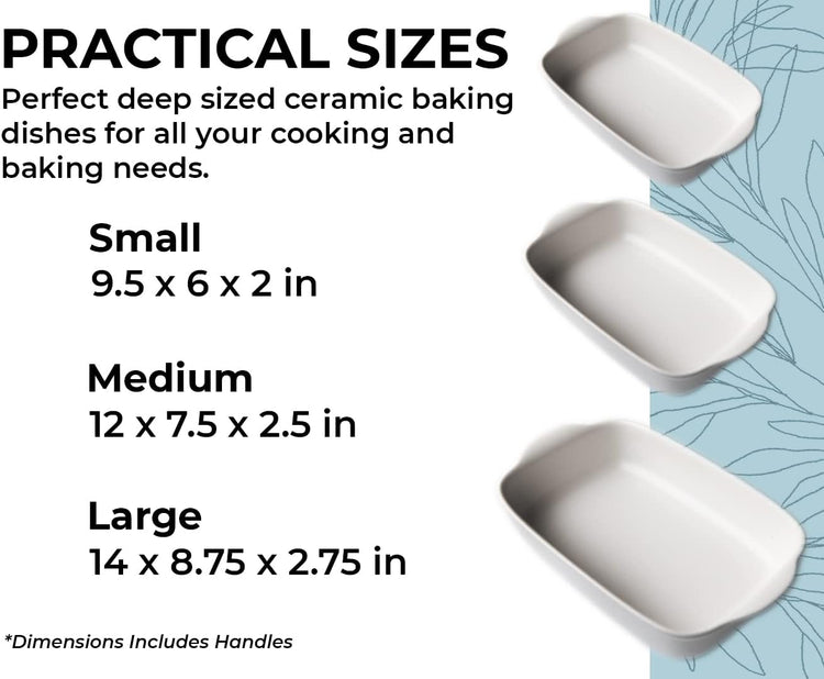 Saffron & Sage Casserole Dish Set of 3 - Baking Dishes for Oven, Contemporary White Ceramic Baking Dish Set, Heavy Duty Bakeware, Up to 500° High Heat Resistant, Dishwasher, Freezer and Food Safe