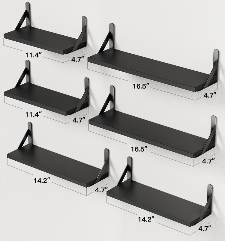 AMADA HOMEFURNISHING Wall Shelves Set of 6, Wood Floating Shelves for Decor, Rustic Farmhouse for Bedroom, Bathroom Storage, Book Shelves for Living Room, Black