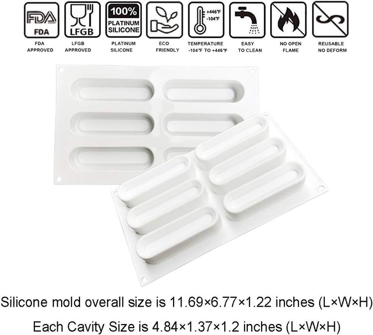 OCPO KITCHEN Eclair Silicone Mold for Baking Mousse Cake, French Dessert, Pastry, Chocolate, Ice Cream, Cake Decoration Mold, 3D Concave Eclair Shape (6-Cavity)