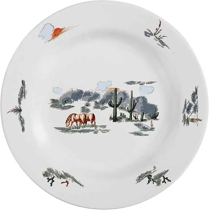 Paseo Road Ranch Life 16 Piece Ceramic Dinnerware Set with Plates, Bowls, Coffee Mugs, Duffle Bag, Cow Longhorn Horse Cowboy Pattern, Southwestern Rustic Cabin Lodge Style