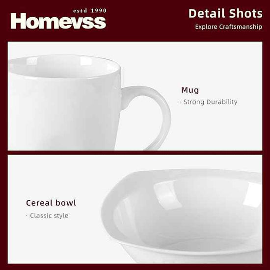 HomeVss, New Bone China Dinnerware Set, Coupe Square Shape, 40pc Set