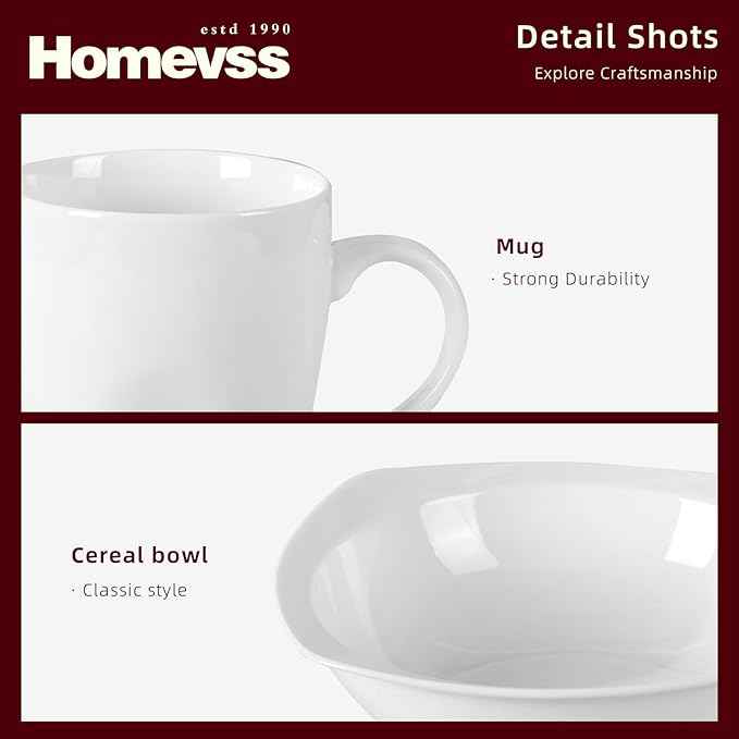 HomeVss, New Bone China Embossed Dinnerware Set, Coupe Square Shape, 16pc Set