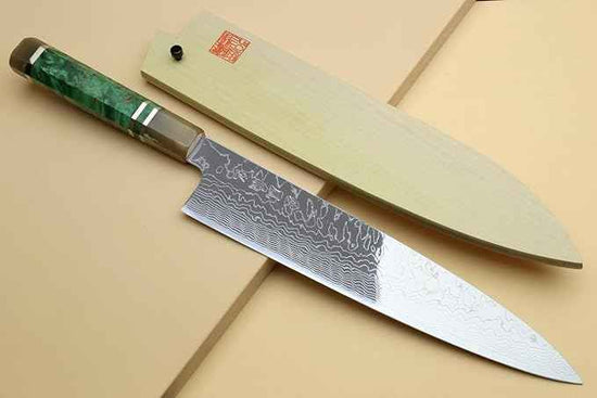 Yoshihiro Damascus SG2 (R2) Semi-Stainless Gyuto Chefs Knife (10.5'' (270mm), Stabilized Maple Burl Handle & Triple Ring)