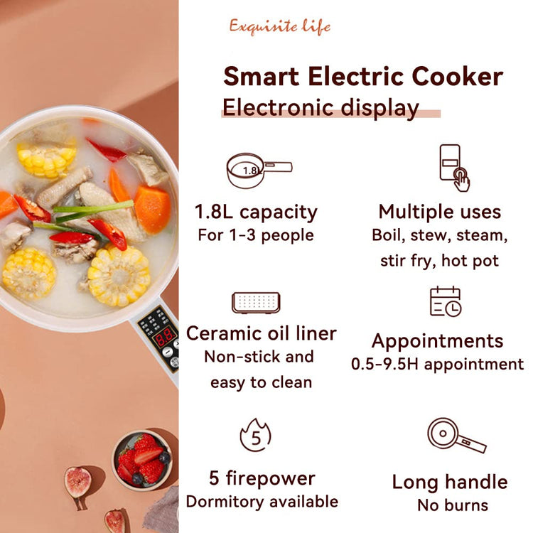 Electric Hot Pot Cooker Steamer 1.8L Multifunctional Nonstick Pan Dormitory Office Portable Ramen Cooker Steamer Boil Dry Protection Suitable For Noodles Steak Cooker Eggs StirFrying