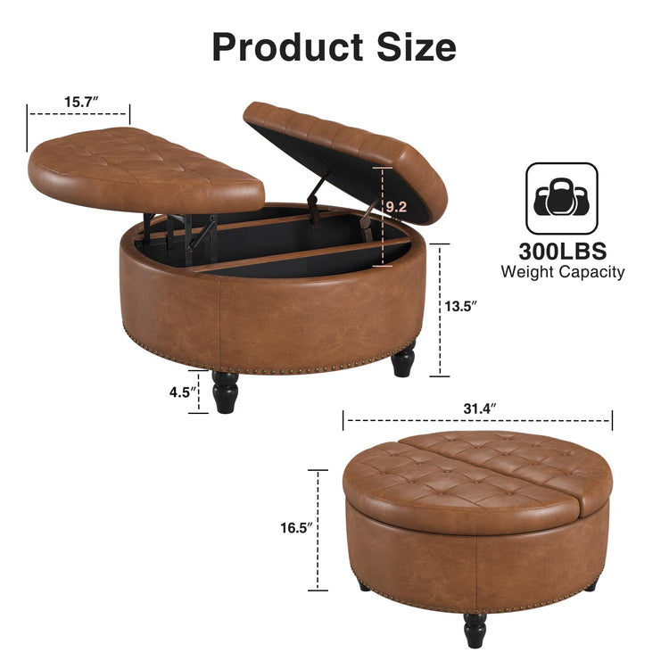30 Inch Large Round Ottoman with Storage Circular