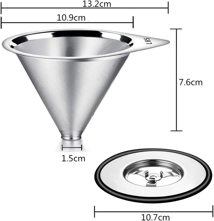 LHS Pour Over Coffee Dripper Stainless Steel Coffee Filter Metal Cone Filter Paperless Reusable Coffee Filter Single Cup Coffee Maker 1-2 Cup With Non-slip Cup Stand and Cleaning Brush