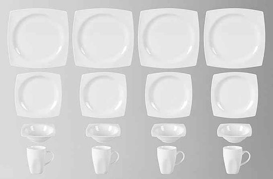 HomeVss, New Bone China Dinnerware Set, Rim Square Shape, 16pc Set