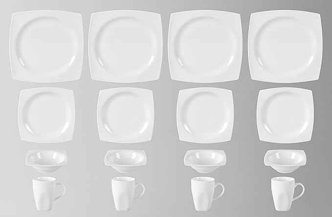 HomeVss, New Bone China Dinnerware Set, Rim Square Shape, 16pc Set