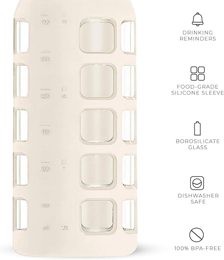 purifyou 40oz / 32oz / 22oz / 12oz Borosilicate Glass Water Bottle with Time & Volume Markers, Silicone Sleeve, Stainless Steel Lid – Reusable Glass Bottle for Water & Juice (22oz Pearled Ivory)