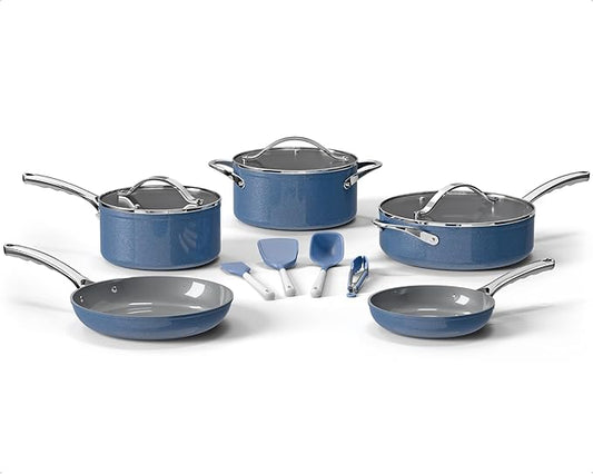 Bakken 12-Piece Aluminum Cookware Set with Ceramic Nonstick Coating, PTFE & PFAS Free, All Stovetop Safe Up To 500°F, Pots and Pans Set with Lids, Silicone Utensils Included, Dishwasher Safe, Blue