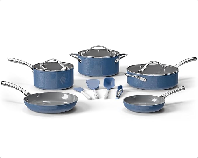 Bakken 12-Piece Aluminum Cookware Set with Ceramic Nonstick Coating, PTFE & PFAS Free, All Stovetop Safe Up To 500°F, Pots and Pans Set with Lids, Silicone Utensils Included, Dishwasher Safe, Blue