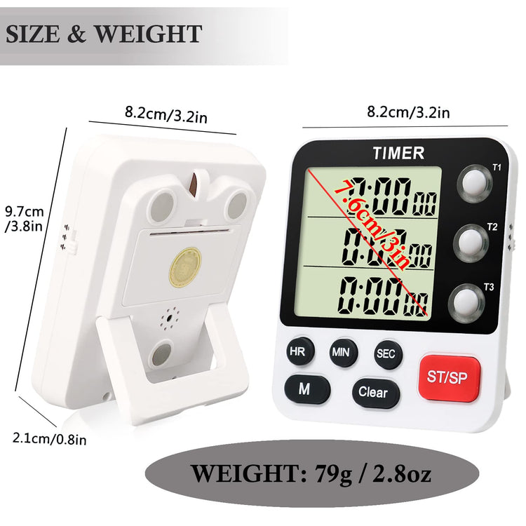 Digital 3 Channels Kitchen Cooking Multiple Timer with Large LCD Count Up Down Stopwatch ON Off Switch Timer for Teaching Reading 3