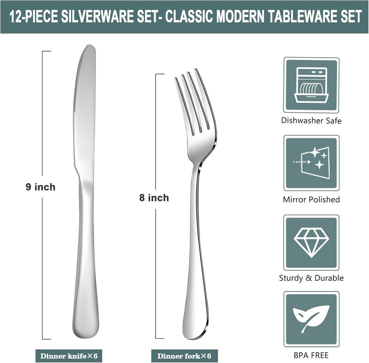 SANTUO 12 Piece Silverware Set with 6 Dinner Knives and 6 Dinner Forks,Flatware Set with Top Food Grade Stainless Steel,Tableware Cutlery Set For Home Restaurant Hotel, Mirror Finish, Dishwasher Safe