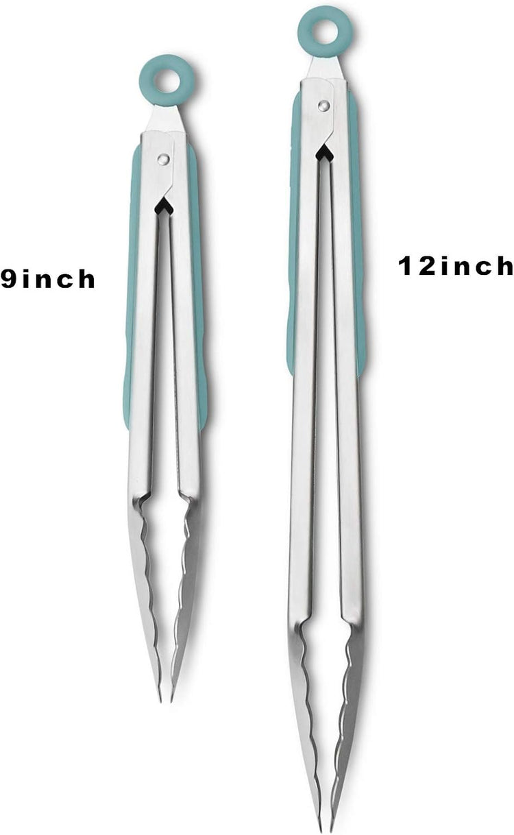 304 Stainless Steel Kitchen Cooking Tongs, 9" and 12" Set of 2 Sturdy Grilling Barbeque Brushed Locking Food Tongs with Ergonomic Grip, Aqua Sky