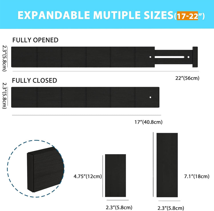 6 Pack Bamboo Drawer Dividers with 12 Inserts, Expandable Adjustable Clothes Drawer Organizers and Storage from 17" to 22" for Kitchen, Bedroom, Dresser, Cosmetics (Black)