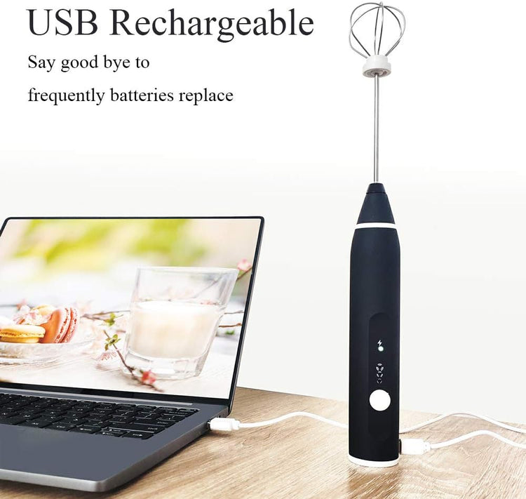Rechargeable Foam Maker with Double Whisk, RIJAHO Upgraded 3 Speeds Frother Handheld for Milk Coffee, Latte, Matcha