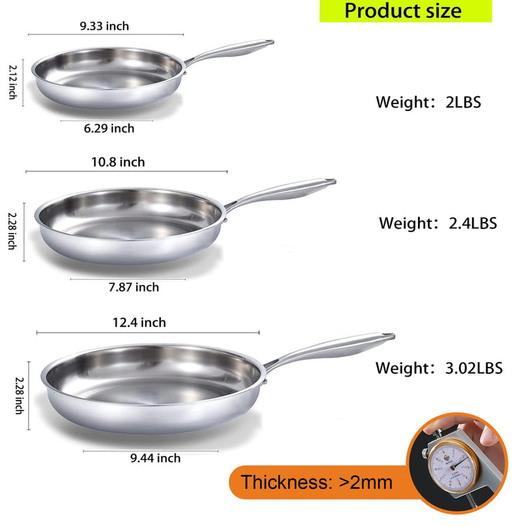 Tri Ply Stainless Steel Frying Pan Set 8” (3 Count)