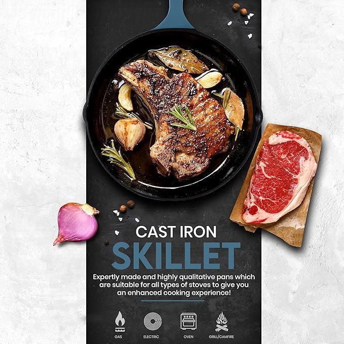 Utopia Kitchen Saute Frying Pan 3 Piece Set, Cast Iron Chefs Pan, Pre Seasoned Cast iron Skillets, 6, 8 & 10 Inches, Easy Use in the Oven, Stove, Grill, or Campfire, Teal - Nestoria