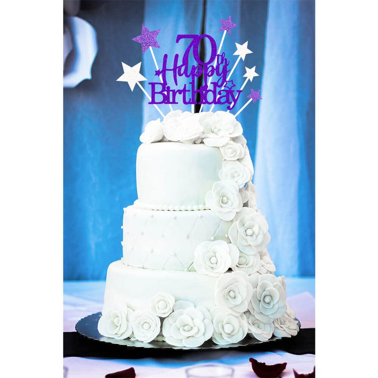 Purple Silver 70th Birthday Cake Topper with Glittery Stars (7 Count)