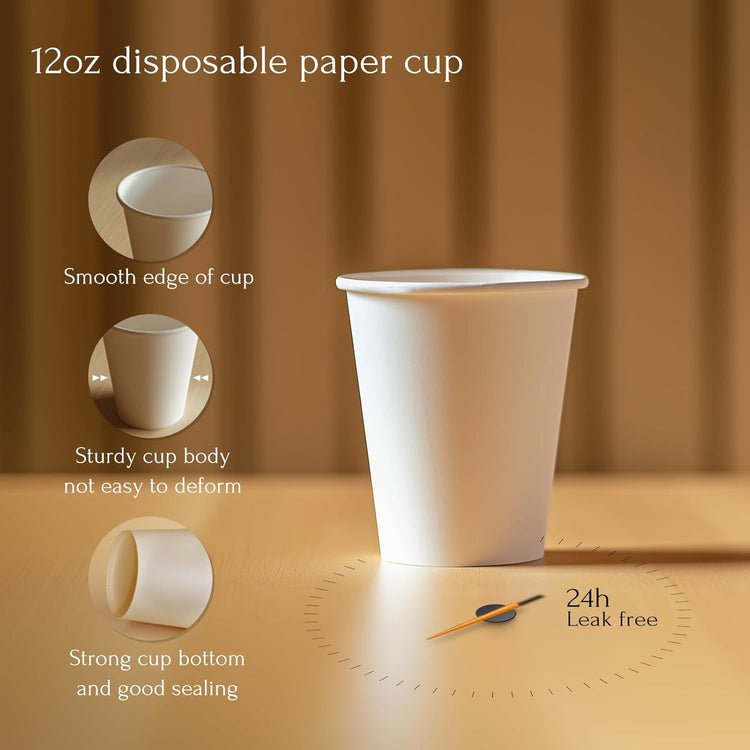 Paper Coffee Cups, 12 OZ Disposable Hot and Cold Cups, Leak-Proof White Cups for Coffee, Tea, Ideal for Home, Office, and Events (100 Count)