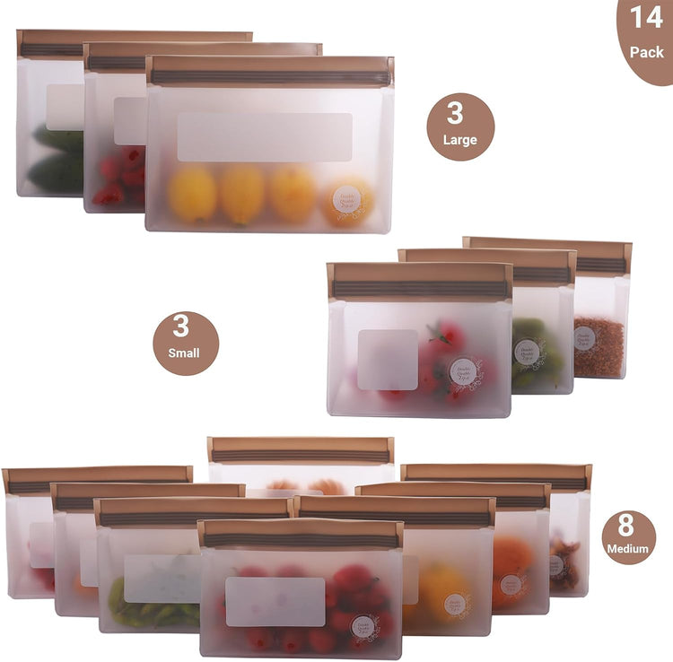 Reusable Silicone Food Storage Bags – 14-Pack Stand-Up, BPA-Free, Freezer, Dishwasher Safe & Eco-Friendly – 3 L, 8 M, 3 S Bags – Airtight Leakproof, Sandwich, Snack, and Meal Prep Baggies (Grey)