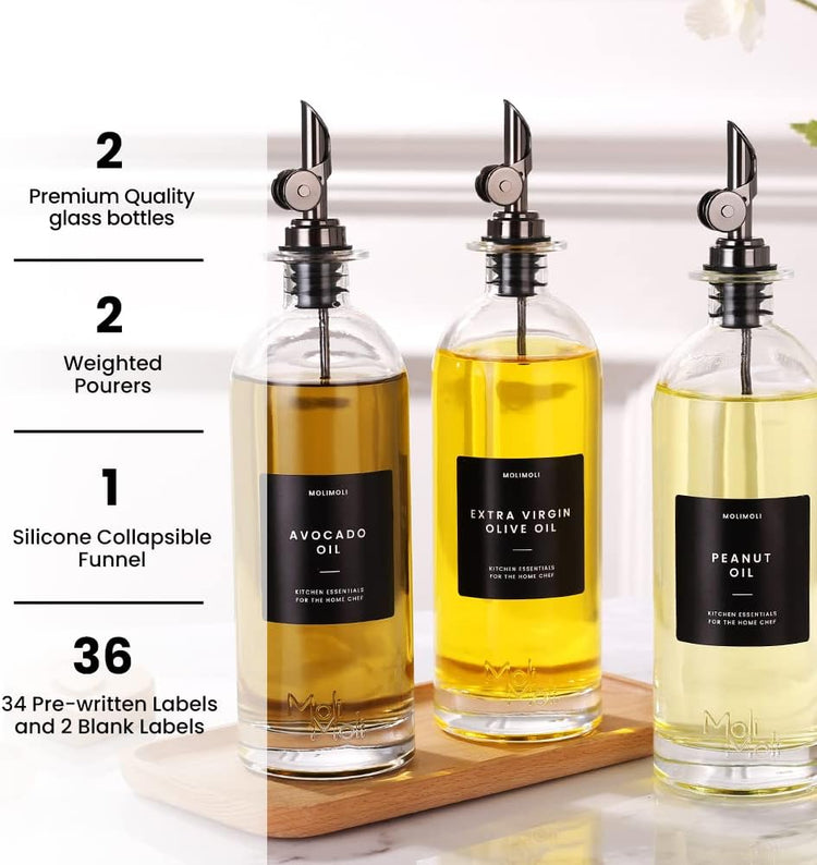 Molimoli Oil and Vinegar Dispenser with Metal Pour Spout, Weighted Pourer, Glass Bottle Dispenser for Kitchen, Olive Oil Cruet, Glass Olive Oil Bottle | 500ml, Set of 2