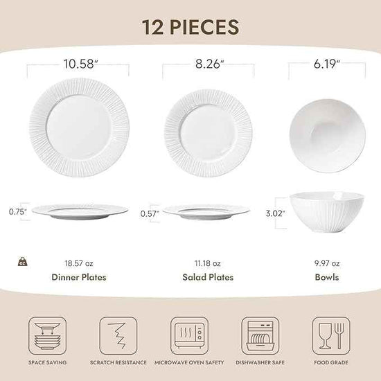 KINGSTONE Bone China Dinnerware Set, 12-Piece White Lightweight Porcelain with Textured Design Service for 4, Plates, Bowls, for Family Dining, Restaurants, Gifting, Microwave and Dishwasher Safe