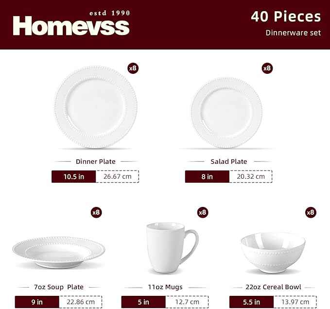 HomeVss, New Bone China Dinnerware Set, Embossed Pearl Design, 40pc Dinnerware Set