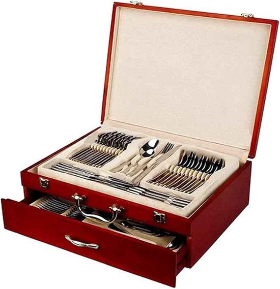Venezia Collection Gold Flatware Serving Set for 12, 75-Pc Luxury Dining Silverware Cutlery Service, 24 Kt 18/10 Premium Surgical Stainless Steel Hostess Set in a Wooden Storage Case Chest
