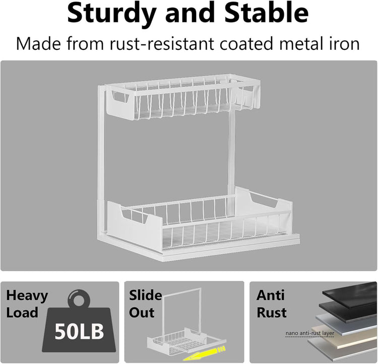 Under Kitchen Sink Organizers and Storage Pull Out 2 Tier Metal Bathroom Cabinet Organizer (White, 1 Pack)