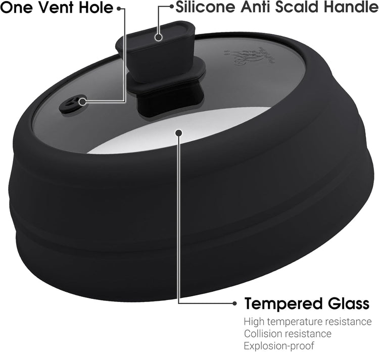 Microwave Splatter Cover Glass Microwave Cover for Food Collapsible Splatter Guard Lid with Silicone Handle for Pot Plate Bowl 9 Inch Black